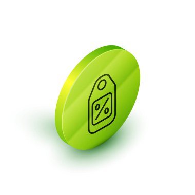 Beyaz arkaplanda izole edilmiş bir satış simgesi olan Isometric satır Price etiketi. Rozet fiyatına. Reklam etiketi indirimi. Yeşil daire düğmesi. Vektör.