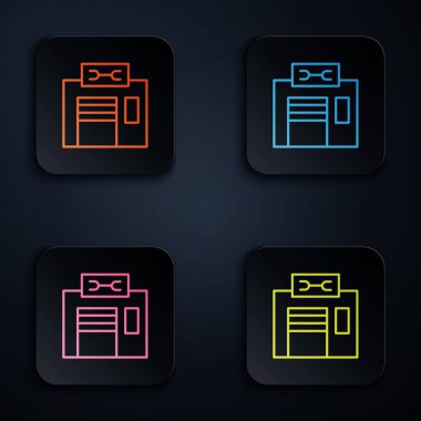 Renkli neon hattı bisiklet tamir ikonu siyah arkaplanda izole edildi. Kare düğmelere simgeleri yerleştir. Vektör.