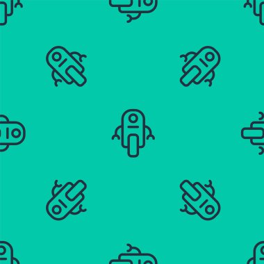 Mavi çizgi robot simgesi yeşil arka planda kusursuz deseni izole etti. Yapay zeka, makine öğrenme, bulut hesaplama. Vektör.