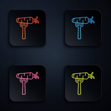 Çatal ikonundaki renkli neon çizgisi, siyah arkaplanda izole edilmiş. Kare düğmelere simgeleri yerleştir. Vektör.