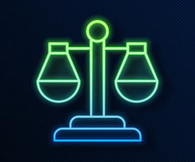 Işıldayan neon çizgisi adalet ikonu mavi arka planda izole edildi. Hukuk mahkemesi sembolü. Denge tabelaları. Vektör.