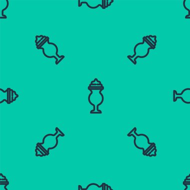 Mavi çizgi milkshake simgesi yeşil arkaplanda izole edilmiş kusursuz desen. Kapaklı ve samanlı plastik bardak. Vektör.