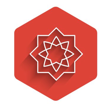 Beyaz çizgi İslami sekizgen yıldız süsleme simgesi uzun gölge arkaplan izole. Kırmızı altıgen düğmesi. Vektör