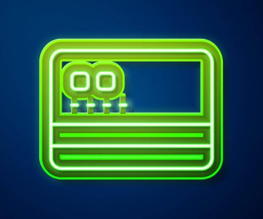 Parlayan neon hattı kredi kartı simgesi mavi arkaplanda izole edildi. Çevrimiçi ödeme. Nakit çekilmesi. Finansal operasyonlar. Alışveriş tabelası. Vektör