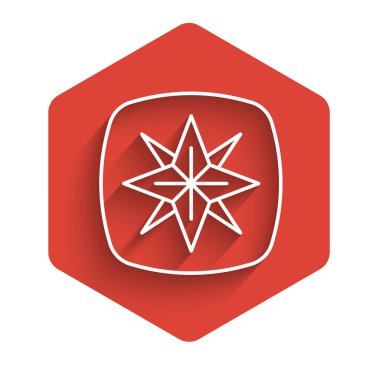 Beyaz çizgi rüzgar gül ikonu uzun gölge arkaplan izole. Seyahat için pusula simgesi. Navigasyon tasarımı. Kırmızı altıgen düğmesi. Vektör