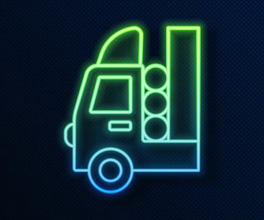 Mavi arkaplanda izole edilmiş araç simgesi için parlayan neon hattı gaz tankı. Benzin depoları arabaya monte edilir. Vektör