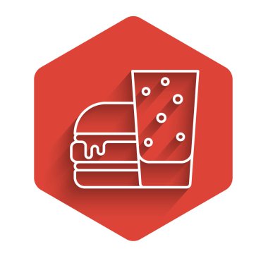 Beyaz çizgi Burger simgesi uzun gölge arkaplan izole. Hamburger ikonu. Çizburger sandviç tabelası. Fast food menüsü. Kırmızı altıgen düğmesi. Vektör
