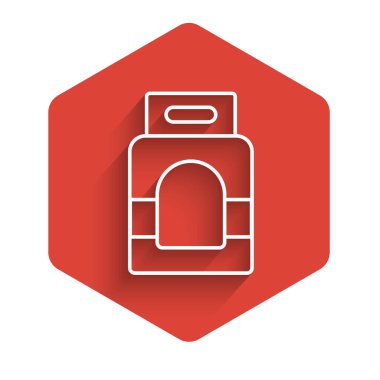 Otomatik çamaşır makinesi simgesi için uzun gölgeli beyaz çizgili deterjan. Kırmızı altıgen düğmesi. Vektör