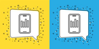 Sarı ve mavi arkaplanda izole edilmiş grafik çizelgesi simgesi olan bir cep telefonu hattı ayarla. Metin dosyasını rapor et. Muhasebe tabelası. Denetim, analiz, planlama. Vektör