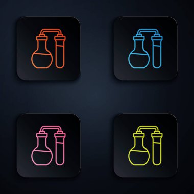 Renkli neon hattı test tüpü ve siyah arkaplanda izole edilmiş kimyasal test ikonu. Laboratuvar cam levhası. Kare düğmelere simgeleri yerleştir. Vektör