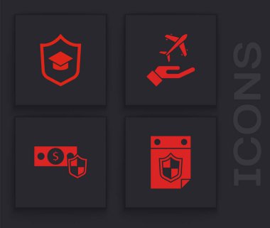 Takvimi kalkan, mezuniyet şapkası, uçak ve para simgesi ile ayarla. Vektör