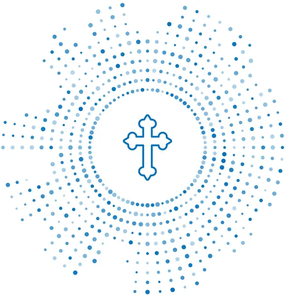 青い線白の背景に孤立したキリスト教の十字アイコン 教会の十字架 抽象円のランダムなドット ベクトル — ストックベクタ