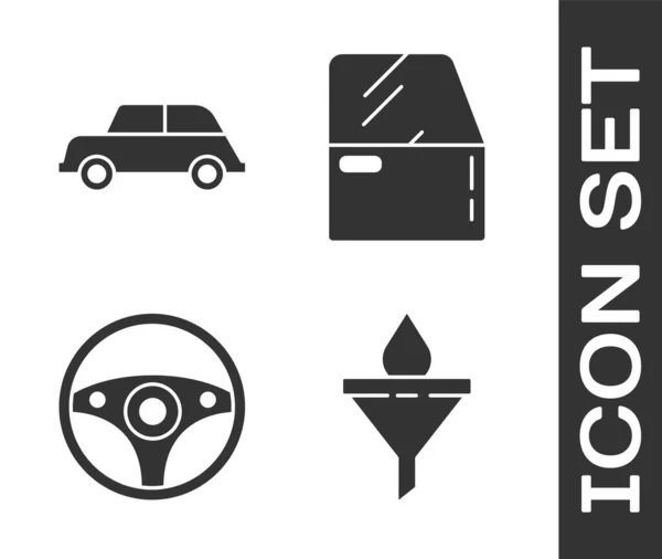 Set Trechter Filter Motoroliedruppel Auto Stuurwiel Auto Deurpictogram Vector — Stockvector