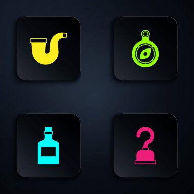 Korsan kancası, tüttürme piposu, alkol, rom ve pusula. Siyah kare düğme. Vektör