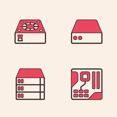 Ana kart dijital çipi, Bilgisayar soğutucusu, Sunucu, Data, Web sunucu ve simgesini ayarla. Vektör