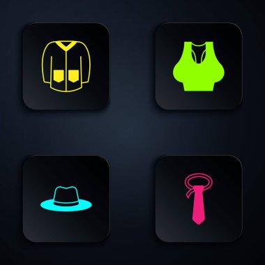 Kravat, kazak, erkek şapkası ve atlet. Siyah kare düğme. Vektör