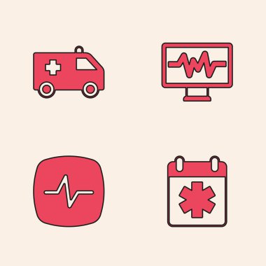 Doktor randevusu, ambulans arabası, kardiyogram ve kalp atış hızı ikonu olan monitör ayarlayın. Vektör