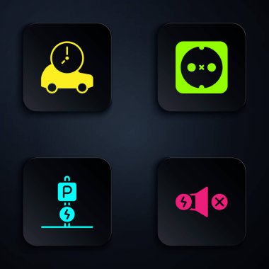 Elektrik motoru, araba, park yeri elektriği ve elektrik prizi ayarlayın. Siyah kare düğme. Vektör