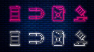 Hat sanayi borusu, motor yağı tenekesi, varil yağı ve varil yağı sızıntısı. Tuğla duvarda parlayan neon simgesi. Vektör.