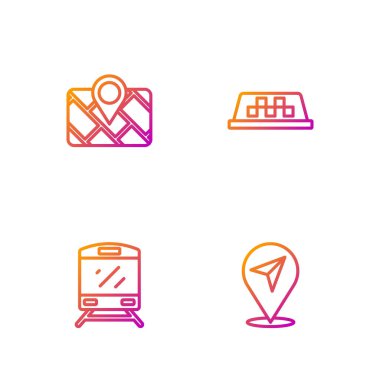 Hat konumunu, treni, GPS cihazını harita ve taksi arabasının çatısına ayarla. Renk simgeleri. Vektör