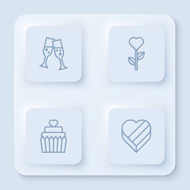 Sabit bir sıra şampanya, çiçek şeklinde kalp, kalp şeklinde düğün pastası ve şeker şeklinde kutu. Beyaz kare düğme. Vektör