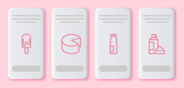 Dondurma, peynir, şişede yoğurt içmek ve çırpılmak. Beyaz dikdörtgen düğme. Vektör