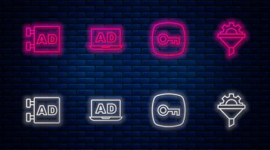 Satır Reklamcılığını, Anahtarı ve Satış hunisini ekipmanla ayarla. Tuğla duvarda parlayan neon simgesi. Vektör