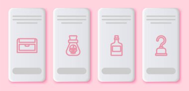 Antik hazine sandığı, korsan madeni para, alkollü içki ve kanca. Beyaz dikdörtgen düğme. Vektör