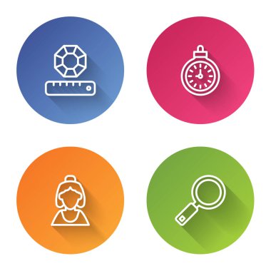 Mücevher taşı, cep saati, kuyumcu danışmanı ve büyüteç. Renkli daire düğmesi. Vektör