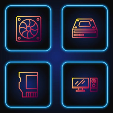 Bilgisayar monitörünü, hafıza kartını, soğutucuyu ve optik disk sürücüsünü ayarla. Renk simgeleri. Vektör