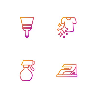 Halat, elektrikli ütü, su püskürtme şişesi, pencereler için lastik temizleyici ve kuru giysiler. Renk simgeleri. Vektör