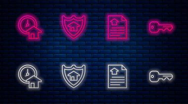 House 'u kalkan, sözleşme, zaman para ve anahtardır. Tuğla duvarda parlayan neon simgesi. Vektör