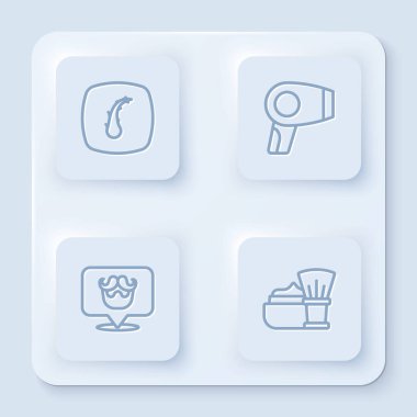 İnsan saç kökü, saç kurutma makinesi, berber dükkanı ve köpüklü tıraş fırçası. Beyaz kare düğme. Vektör