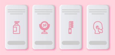 Şampuan şişesi, el aynası, saç fırçası ve bıyık sakalı. Beyaz dikdörtgen düğme. Vektör