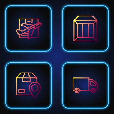 Hat teslimat kamyonu, karton kutulu konum, uçak ve karton. Renk simgeleri. Vektör