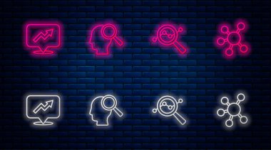 Hattı kurun Arama insanları, veri analizleri, finansal büyüme ve Proje ekibi tabanı. Tuğla duvarda parlayan neon simgesi. Vektör