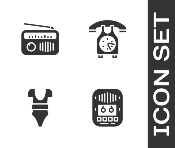 盒式磁带播放机 带天线的收音机 泳衣和手机图标 — 图库矢量图片