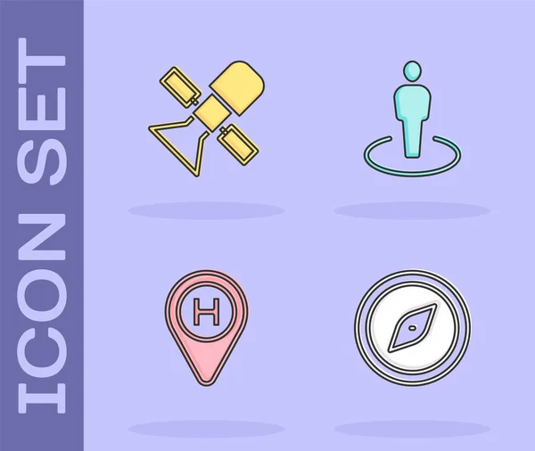 Set Compass Satellite Helicopter Landing Pad Location Person Icon Vector — 스톡 벡터