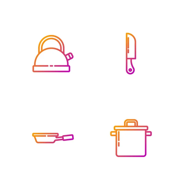 设置线烹饪锅 水壶与柄和刀 明亮的色彩图标 — 图库矢量图片