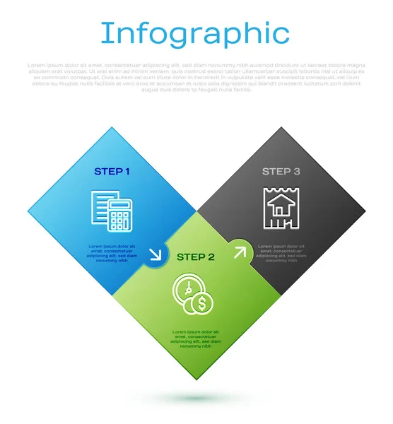 Establecer Línea Calculadora Casa Tiempo Dinero Plantilla Infografía Empresarial Vector — Archivo Imágenes Vectoriales