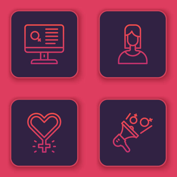 Приложение для знакомств, феминизм, женский и феминистский активист. Синяя квадратная кнопка. Вектор