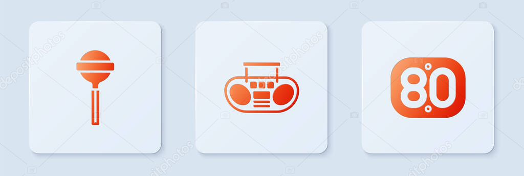 Set Home stereo with two speakers, Lollipop and 80s Retro. White square button. Vector