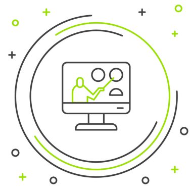 Çevrimiçi eğitim ve mezuniyet ikonu beyaz arka planda izole edildi. İnternetteki öğretmen monitörde. Giyinme ve video semineri öğrenme. Renkli taslak konsepti. Vektör.