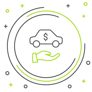 Çizgi Araba kiralama ikonu beyaz arka planda izole edildi. Araba tabelası kirala. Anahtarlı araba. Otomobil tamir servisi konsepti. Renkli taslak konsepti. Vektör