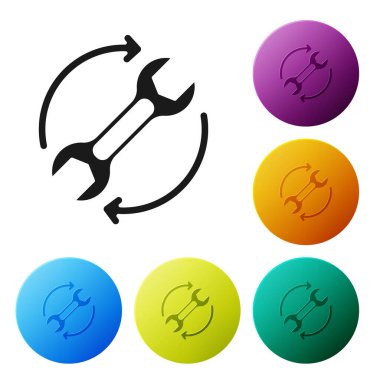 İş akışı simgesi olarak siyah anahtarlar ve oklar beyaz arkaplanda izole edildi. Ayarlama, servis, ayar, bakım, onarım, onarım. Simgeleri renk daire düğmelerine ayarla. Vektör.