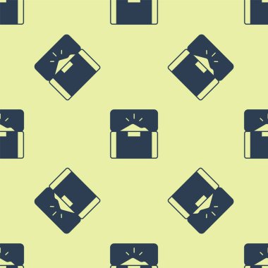 Mavi Antika hazine sandığı ikonu sarı arka planda pürüzsüz desen izole etti. Altın sikkeli klasik tahta sandık. Vektör