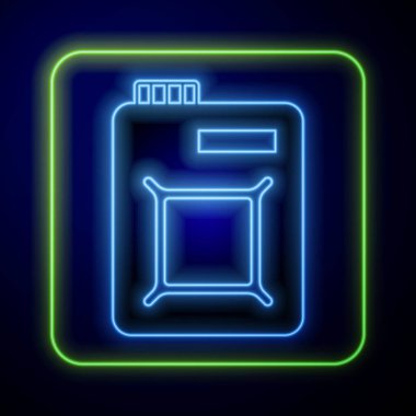 Mavi arka planda izole edilmiş motor makine yağı ikonu için parlayan neon teneke kutu. Benzin bidonu. Yağ değiştirme ve onarım servisi. Motor yağı işareti. Vektör