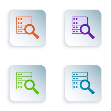 Renk Sunucusu, Data, Web sunucu simgesi beyaz arkaplanda izole edildi. Kare düğmelere renkli simgeleri yerleştir. Vektör