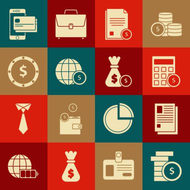 Dolar sembolü, Dosya belgesi, Hesap makinesi, Finans, Dünya küresi, cep telefonu, kredi kartı ve para çantası ikonu ile bozuk para ayarlayın. Vektör