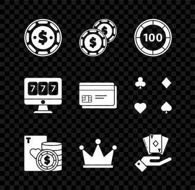 Kumarhane çipini dolar, fiş ve iskambil kağıtlarıyla ayarla, Crown, Hand holding deck of, Online slot makinesi Lucky Seven 's jackpot ve Credit ikonu. Vektör